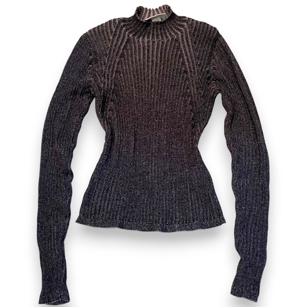 Monki Ribbed Mock Neck Long-Sleeve Top – Purple/Black (Size Large)